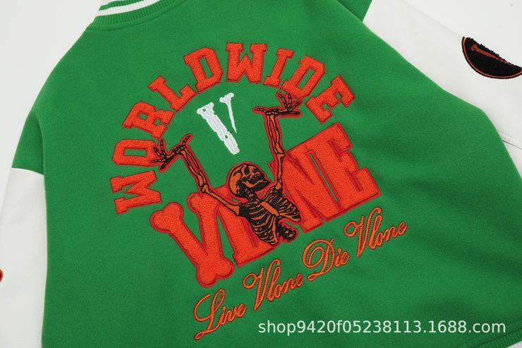 Vlone commemorative green & orange skull towel embroidered baseball jersey jacket