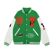 Vlone commemorative green & orange skull towel embroidered baseball jersey jacket