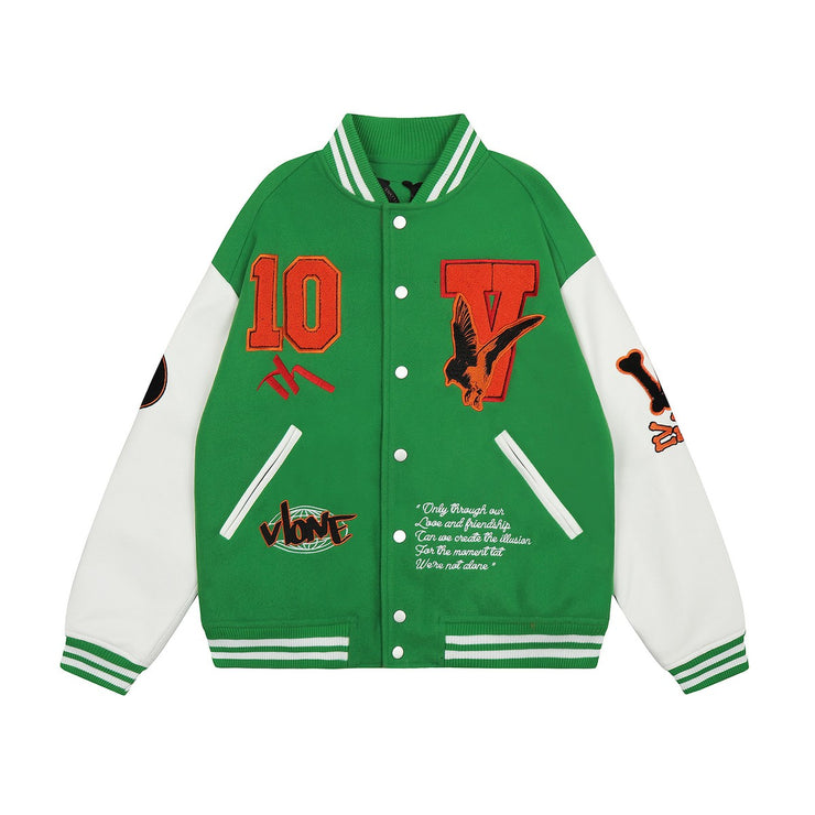 Vlone commemorative green & orange skull towel embroidered baseball jersey jacket
